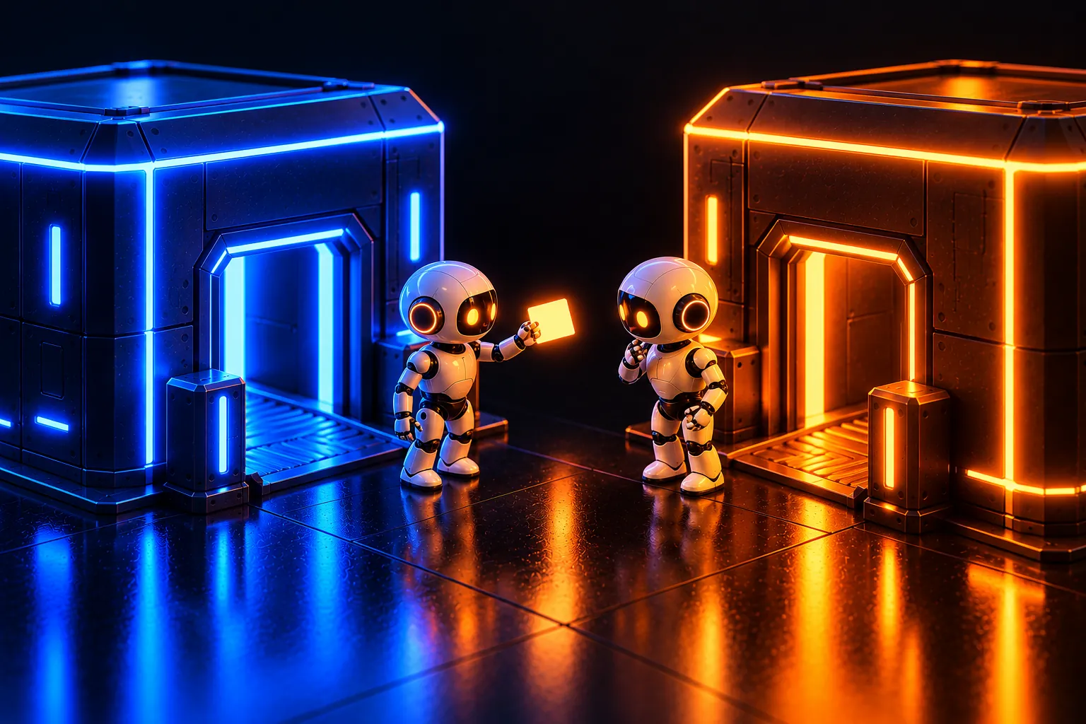 A small robot holds up a blank glowing card at a blue cube building while a second robot at an amber building reads it