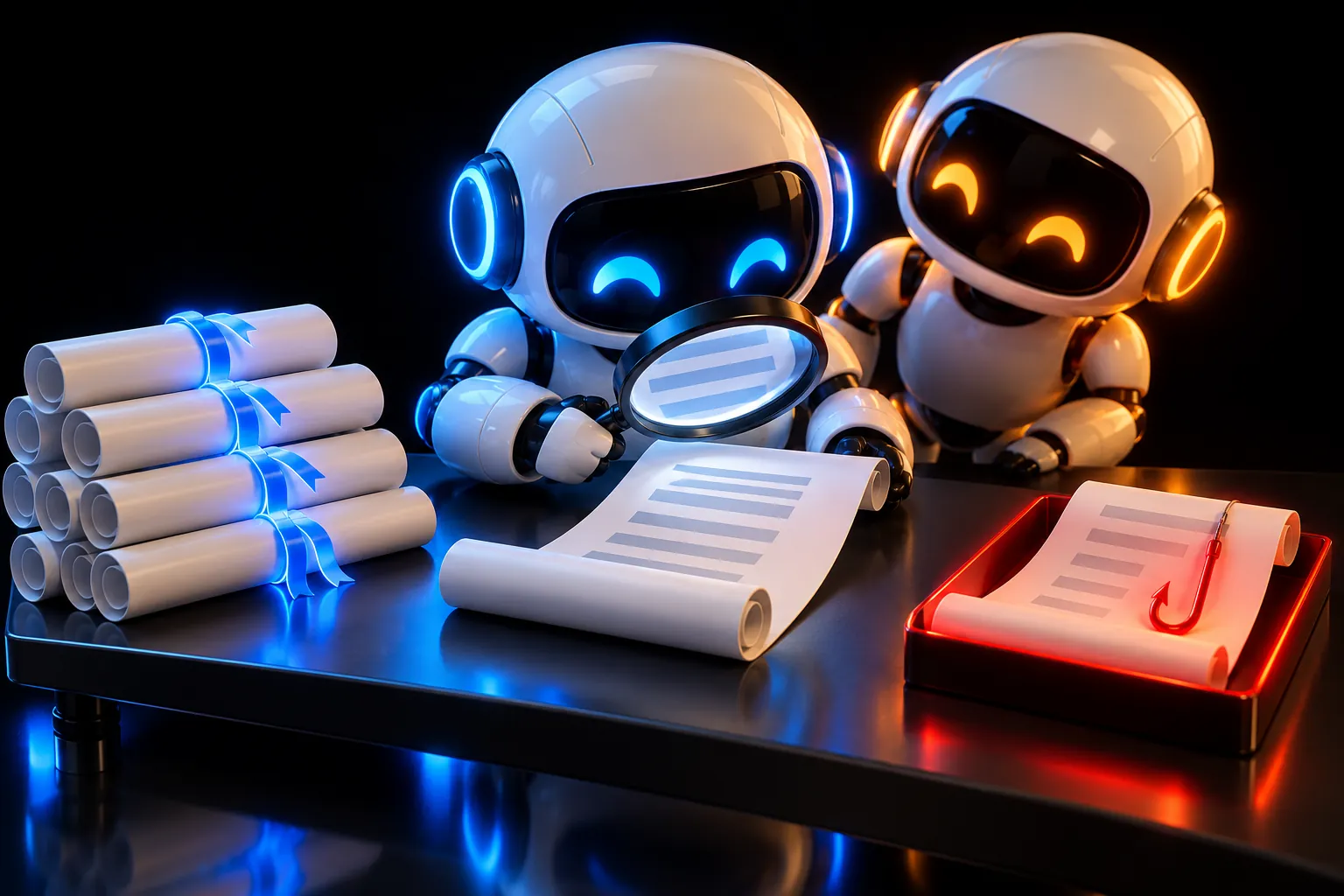 A blue robot checks a scroll with a magnifying glass while one scroll with a red hook lies apart in a red tray