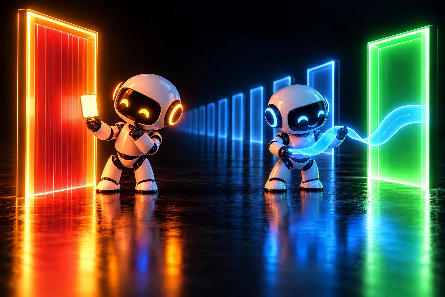 Two small robots at glowing doors: a blank card stops at a red one, a ribbon of light passes a green one
