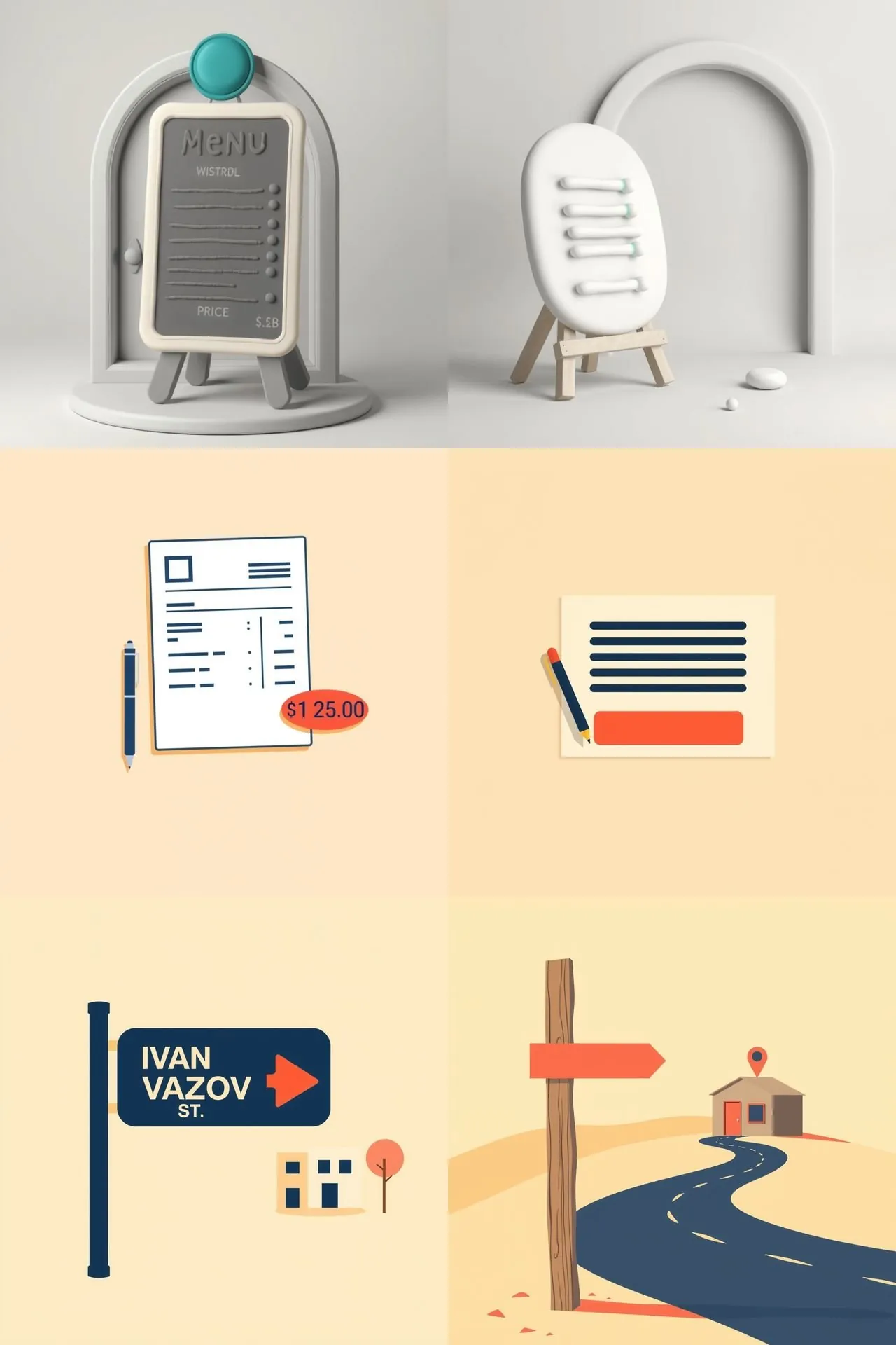 Six FLUX schnell pictures: plain prompts on the left show a menu board with pseudo-letters, an invoice reading $1 25.00 and a street sign without its number; guided prompts on the right show the same scenes as clean shapes