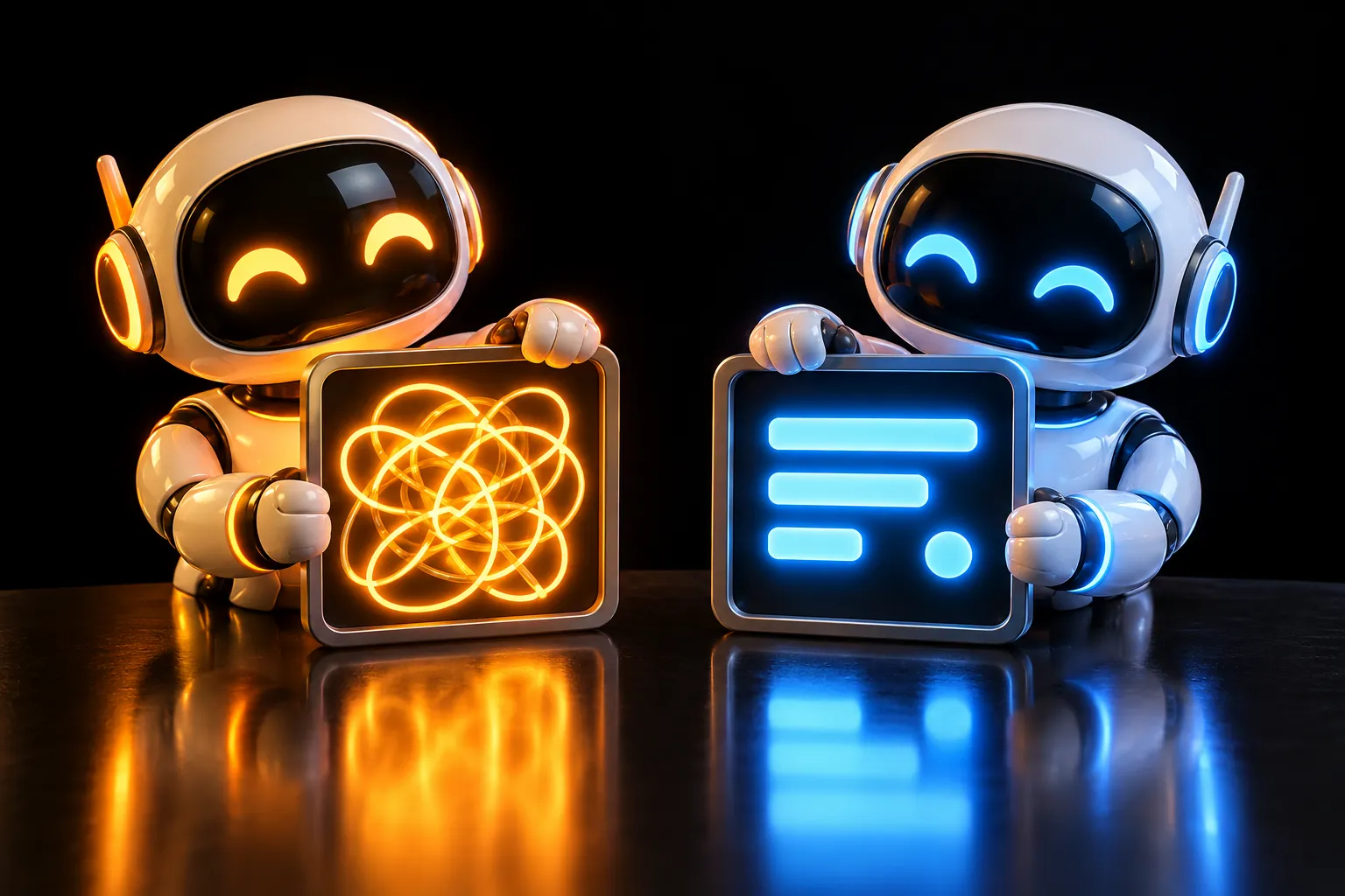 An amber robot holds up a frame of tangled glowing loops while a blue robot shows a frame with three neat bars and a dot