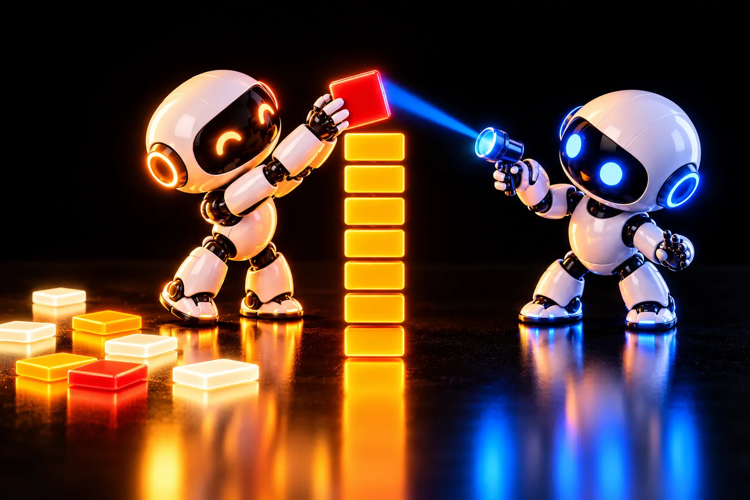 An amber robot slides a red tile onto a column of seven while a blue robot shines a lamp on it
