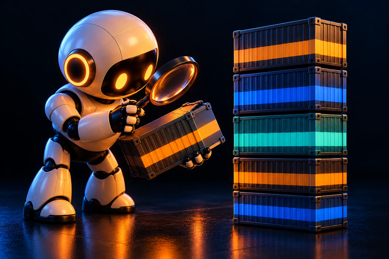 A small robot inspects one striped shipping-container block with a magnifying glass beside a tidy tower of five colored container blocks.