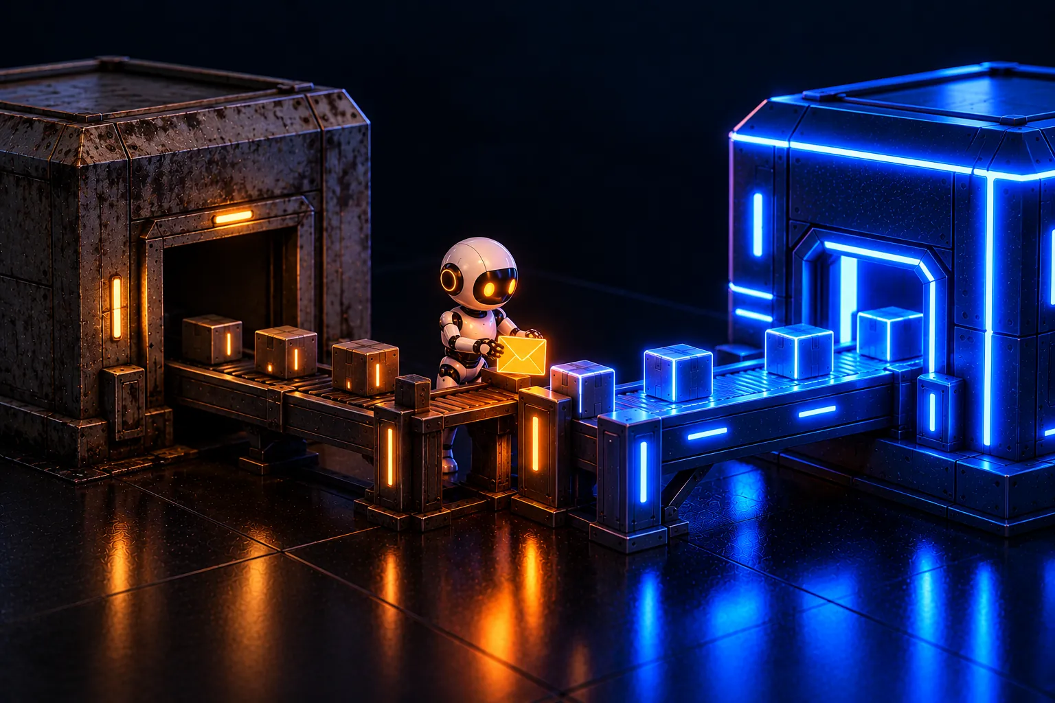 A small robot holds a glowing envelope at the junction of a worn old grey cube building and a new glowing blue one, joined by a conveyor.