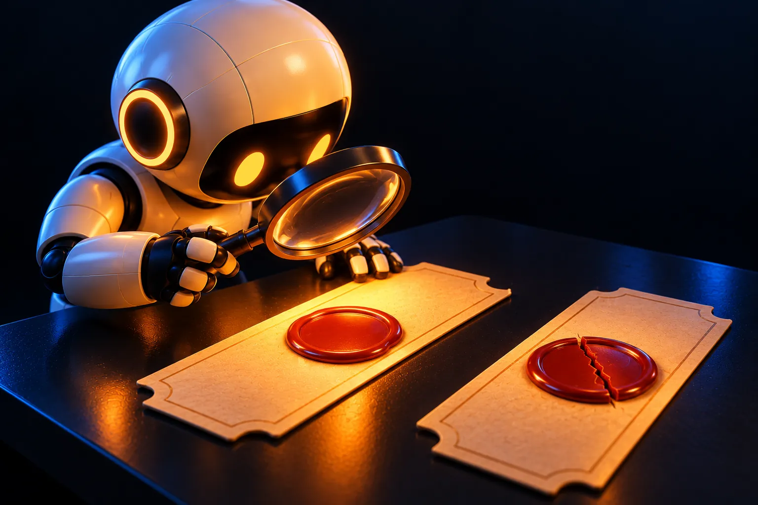A small robot inspects a ticket with an intact red wax seal through a magnifying glass, beside a second ticket with a cracked seal.