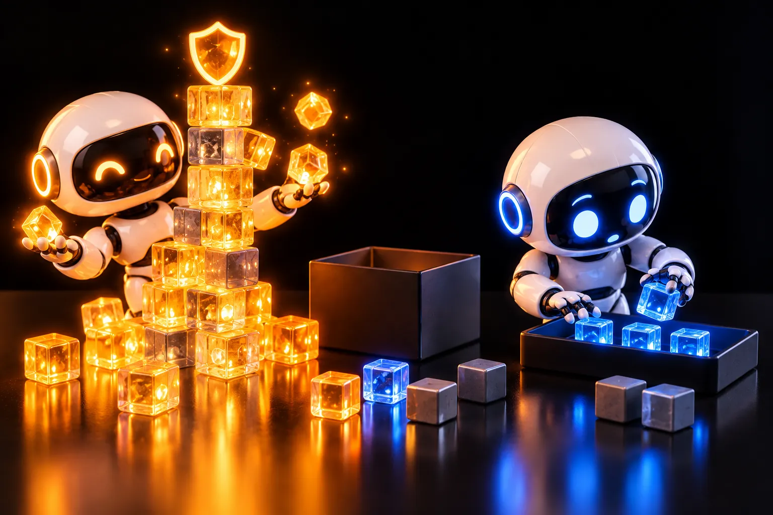 An amber robot stacks every cube, dull ones and conjured extras, into a wobbly tower; a blue robot trays only the bright ones