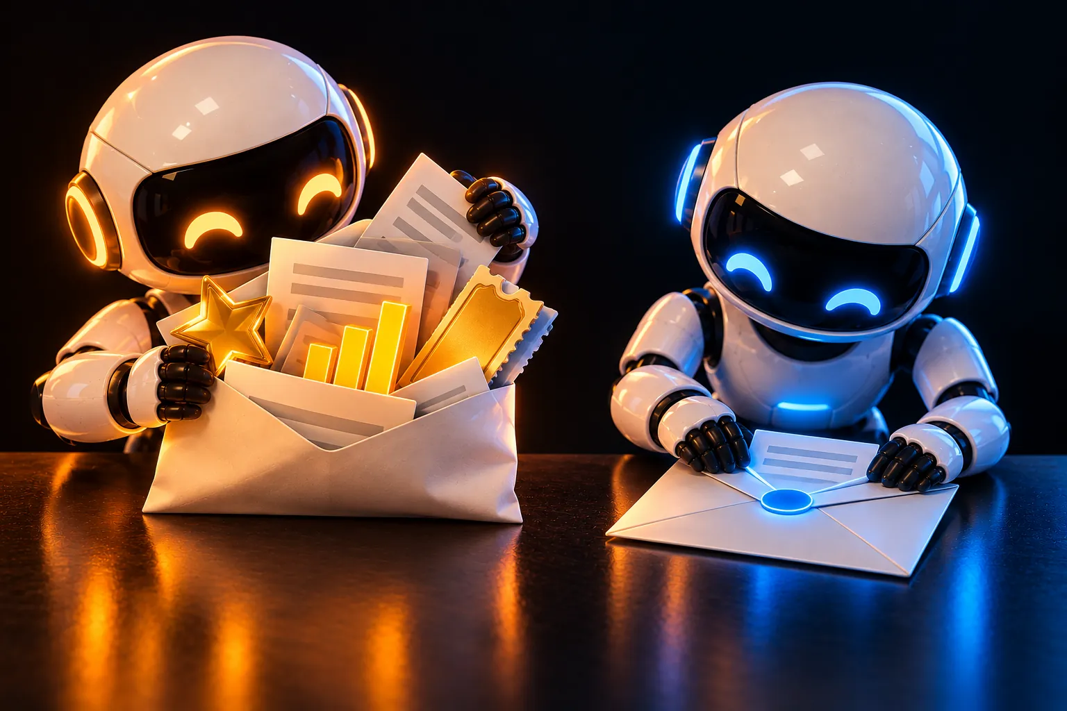 An amber robot stuffs an envelope with a star, a chart and a coupon, while a blue robot seals a slim one with one card