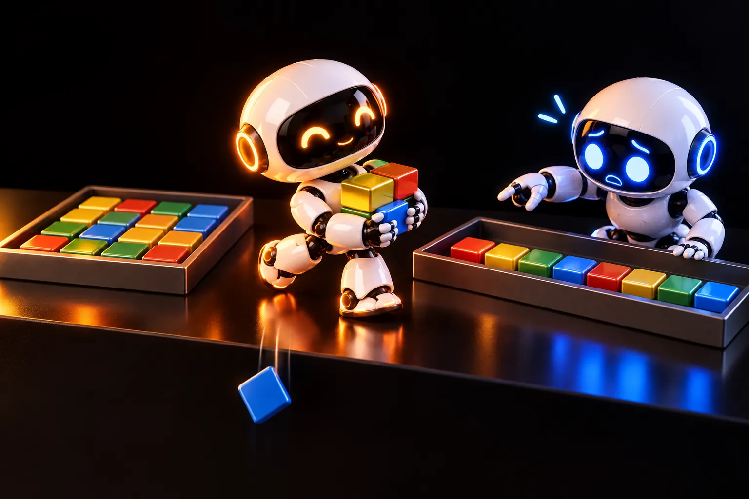 An amber robot carries tiles from a grid tray to a row tray while one tile falls off the table behind it and a blue robot points