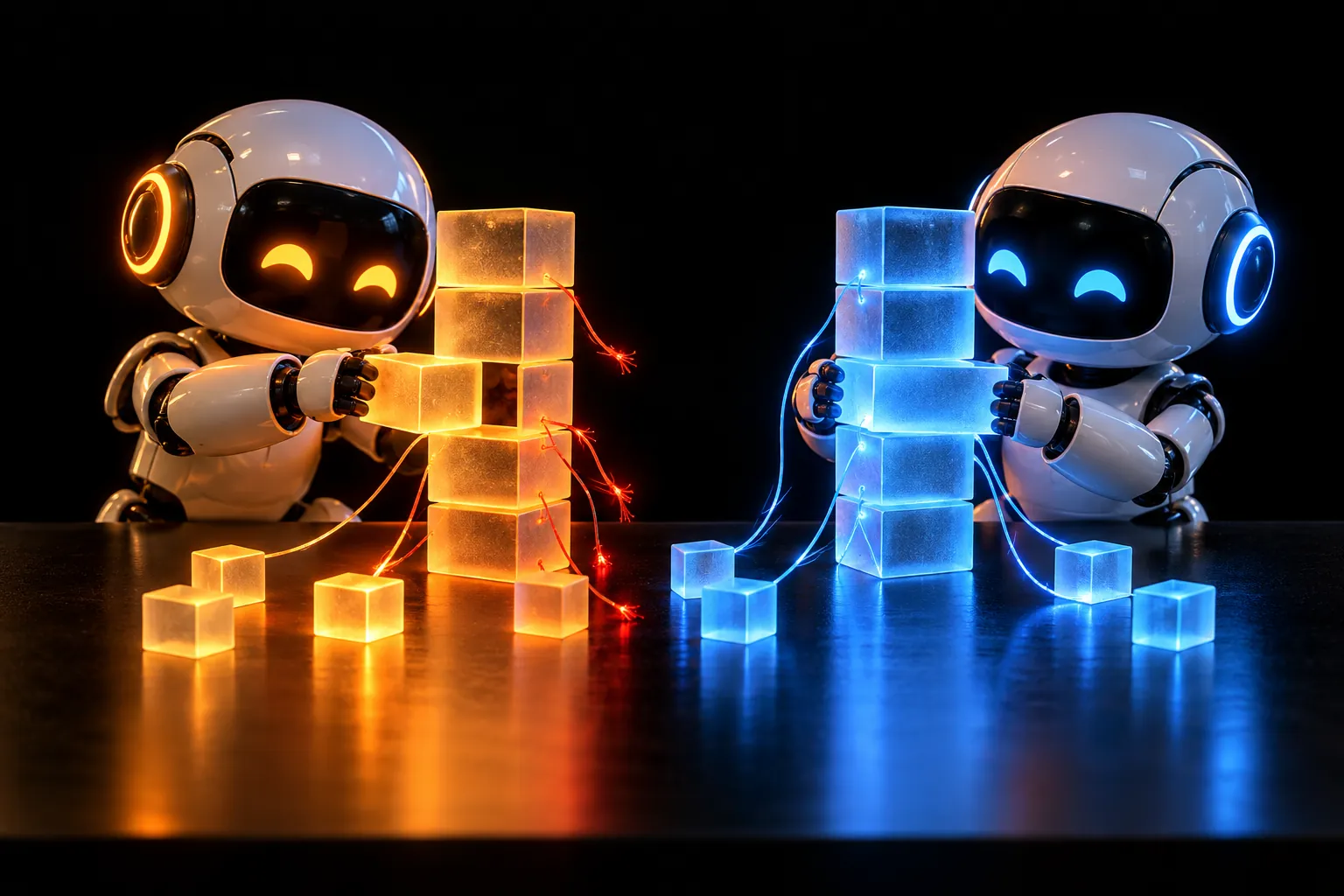 Two robots rebuild a glowing block tower; the amber one swaps in a new block, the blue one refills the same slot