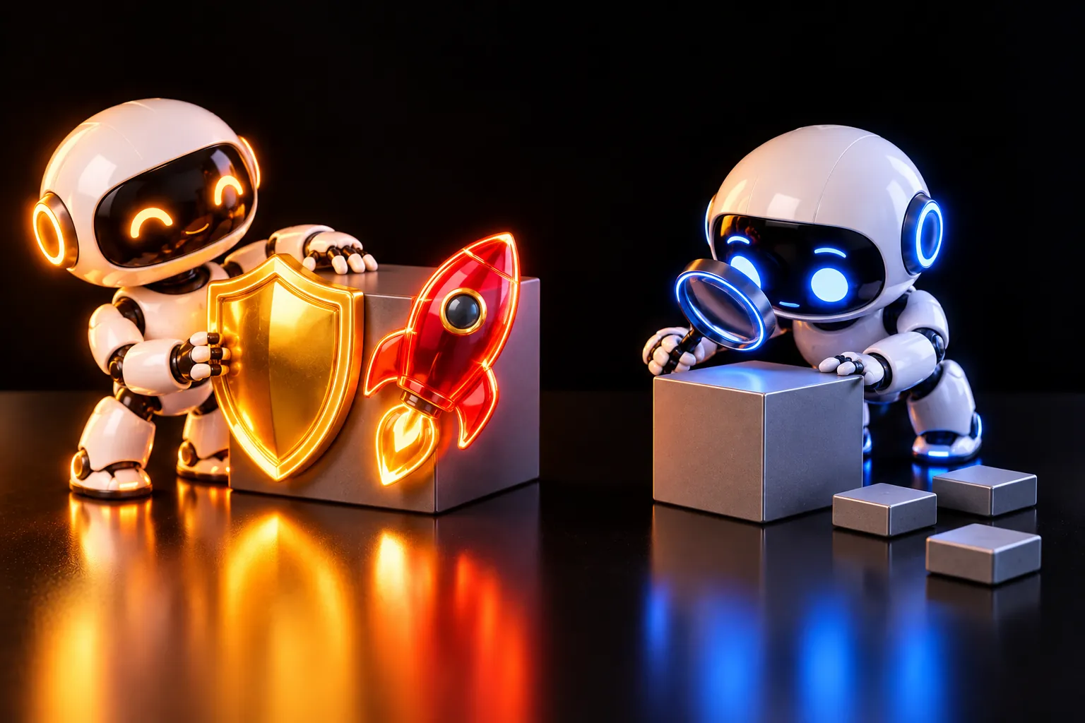 An amber robot presses a gold shield and a red rocket onto a plain grey cube; a blue robot studies an identical cube through a lens