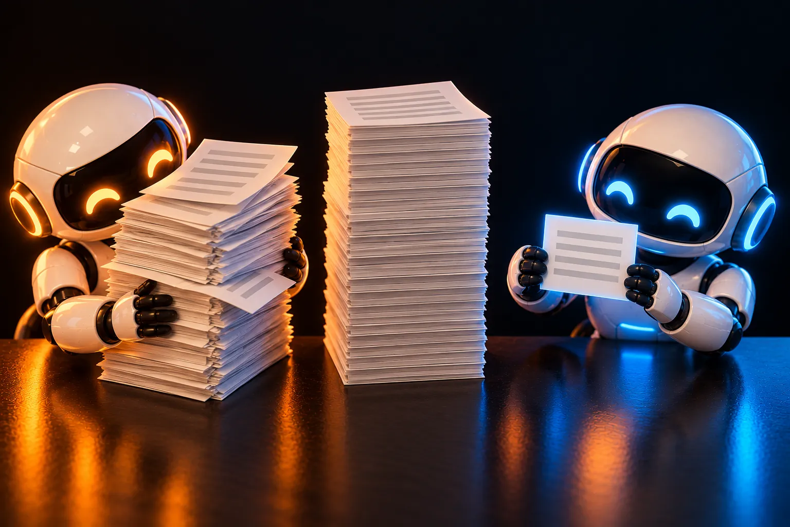 Beside a tall stack of pages, an amber robot holds a bundle almost as thick, while a blue robot holds up one small card