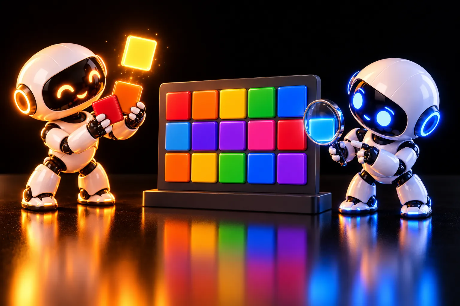 An amber robot presses two tiles into a new glowing one while a blue robot checks a tile on the board with a lens