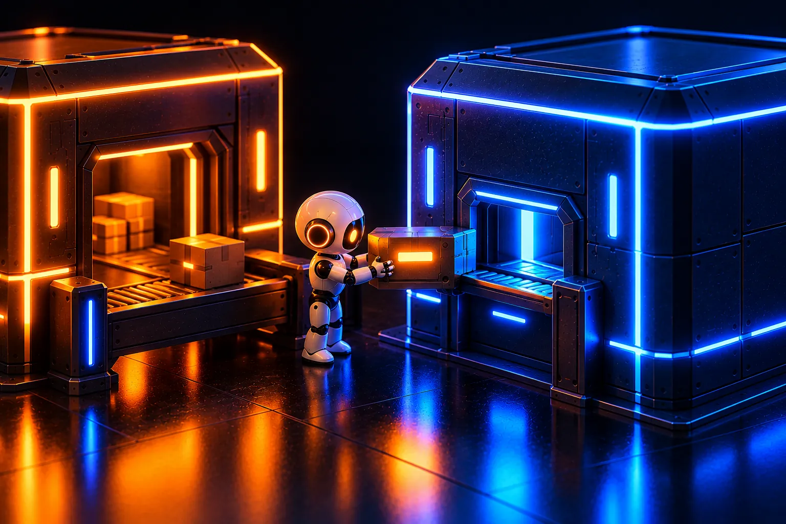 A small robot checks a glowing label on a cube package before sliding it through a hatch into a blue cube building