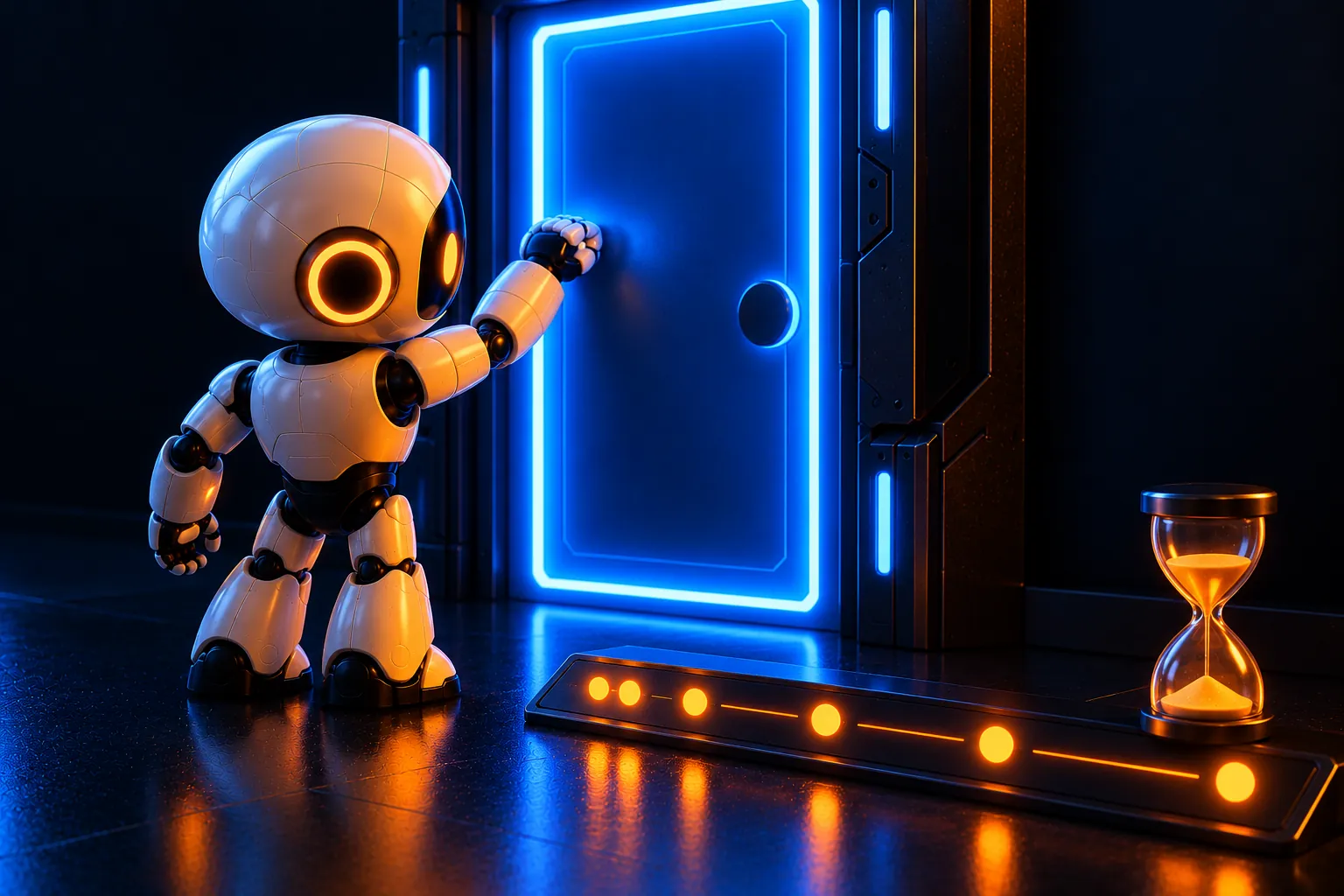 A small robot knocks on a glowing blue door, with a row of amber dots spaced further and further apart and an hourglass beside it.