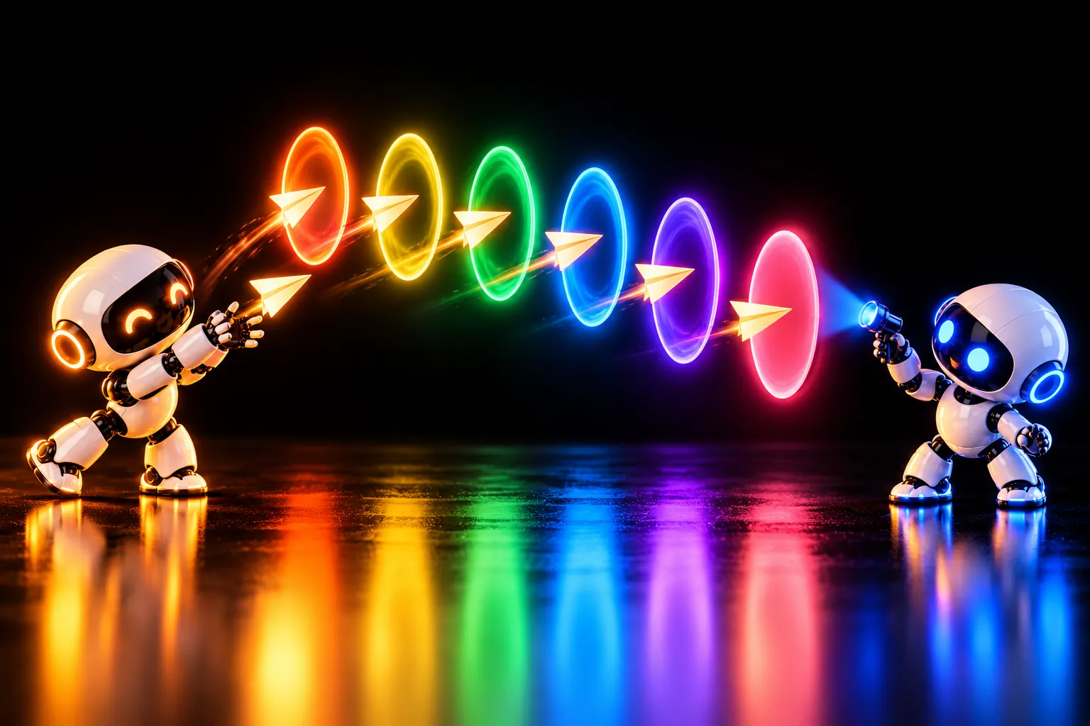 An amber robot throws paper planes through six glowing rings while a blue robot lights up the last, sealed one