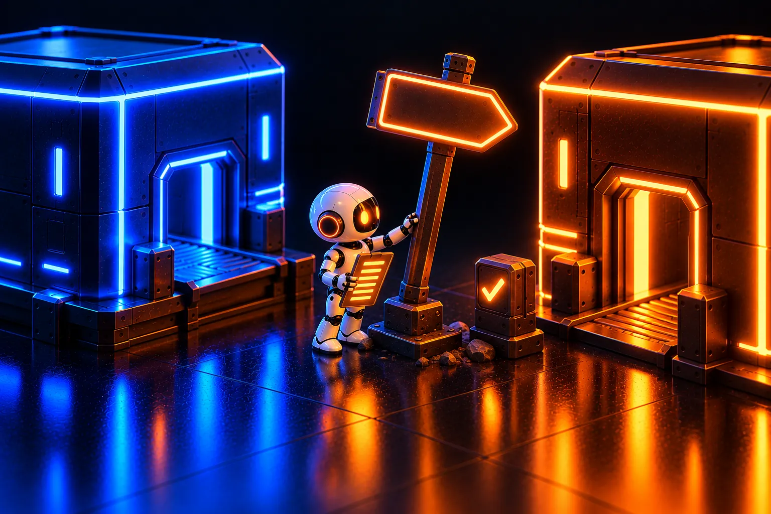 A small robot with a clipboard straightens a leaning glowing signpost between two cube buildings