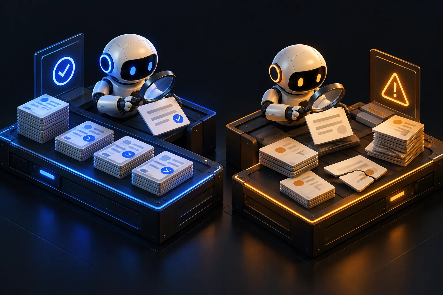 Two robot testers check the same stack of cards: one bench glows steady blue, the other amber with a cracked card