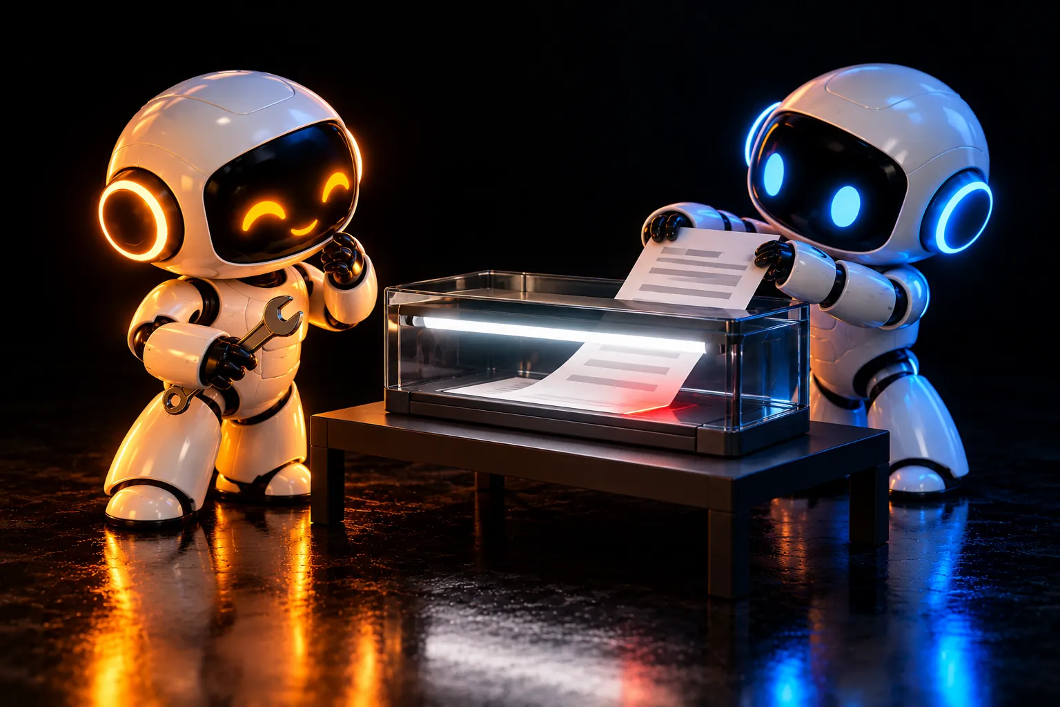 A blue robot feeds a sheet into a glass scanner that lights one corner red while an amber robot waits with a small wrench