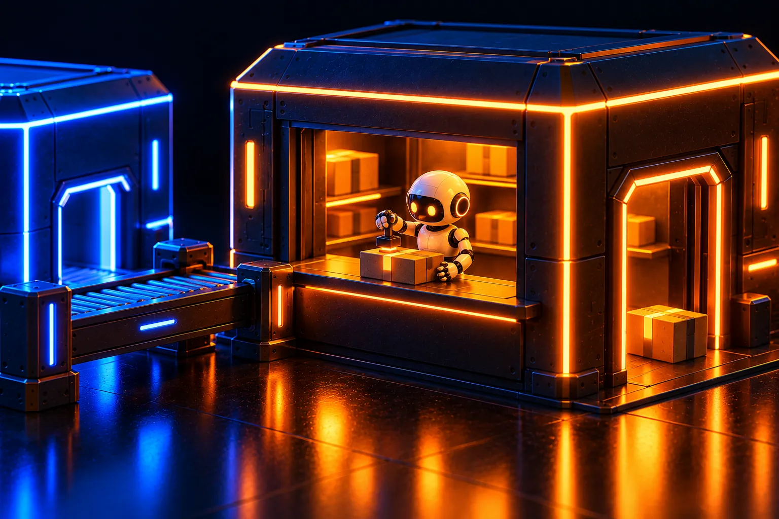 A small robot at a shop counter stamps a receipt for one package while an identical package waits at the door